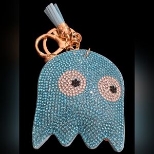 Blue Rhinestone Pac Man Ghost Keychain